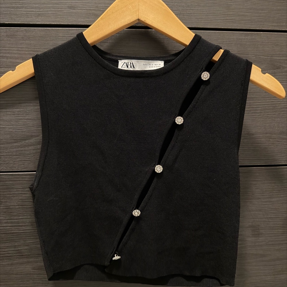 Zara Black Sleeveless Crop Top with Diagonal Rhinestone Buttons